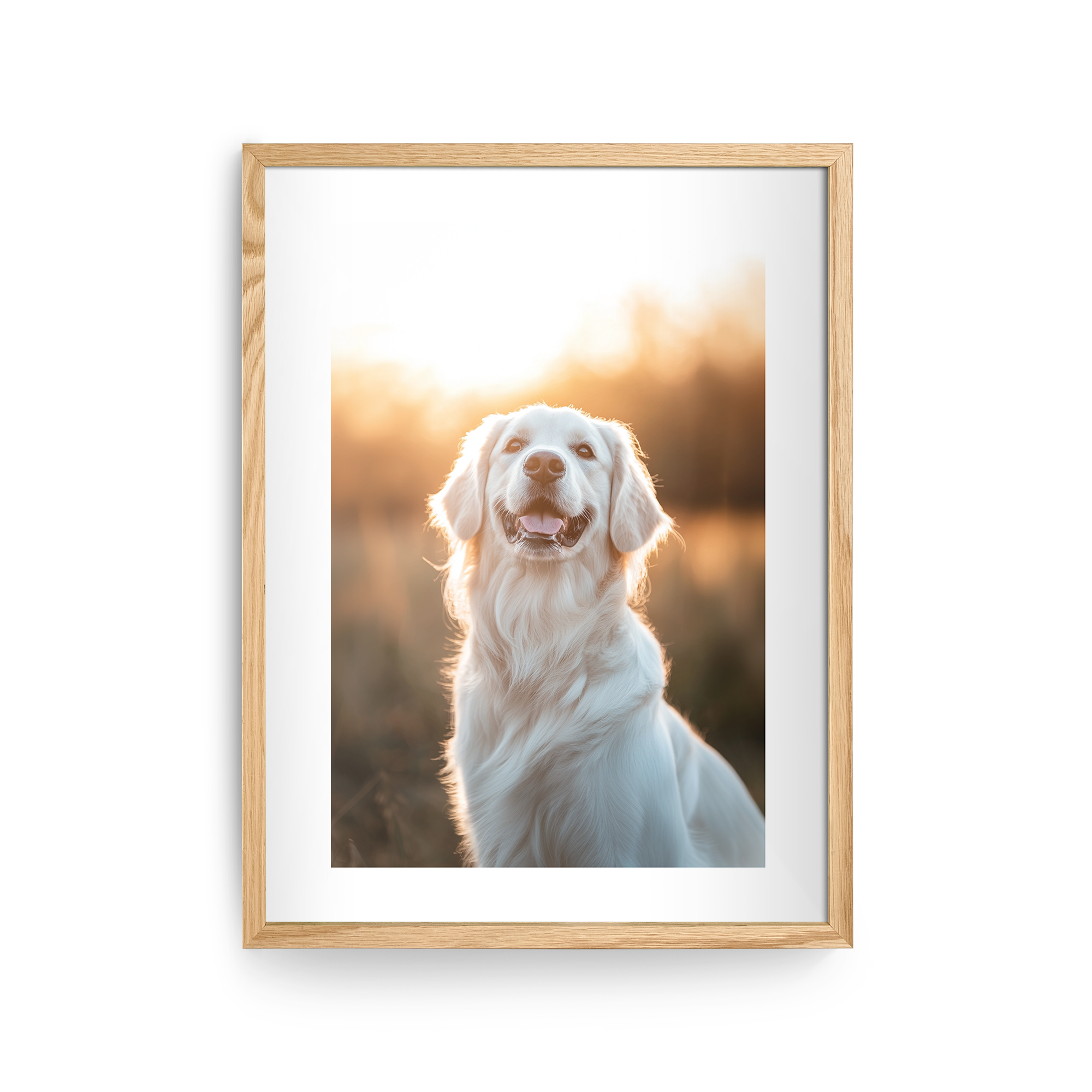 En personlig plakat med et trykt foto af en golden retriever i en træramme til at hænge på din væg