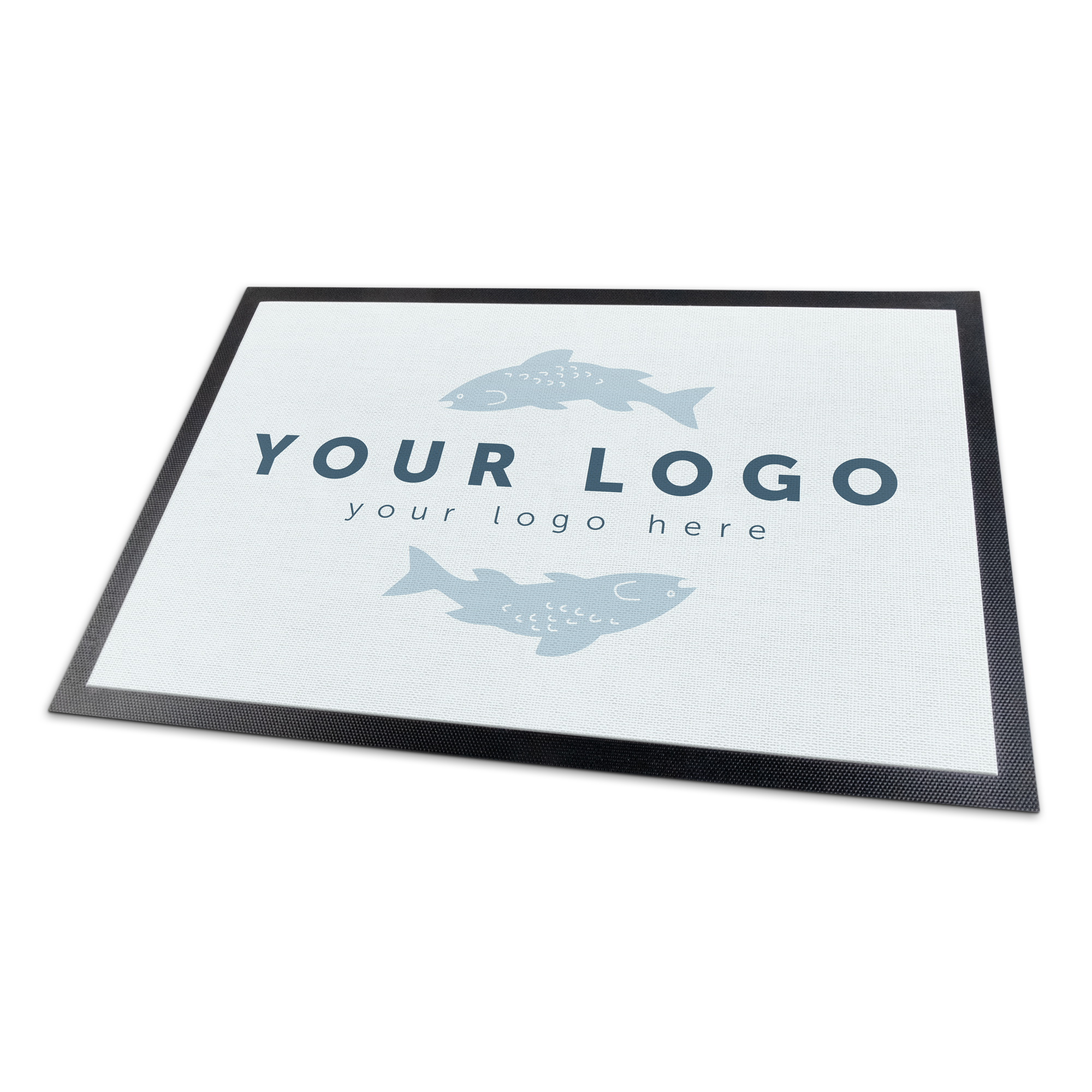 Beli predpražnik z motivom dveh rib in napisom Your logo ter besedilom natisnjenim z vašim besedilom in fotografijo