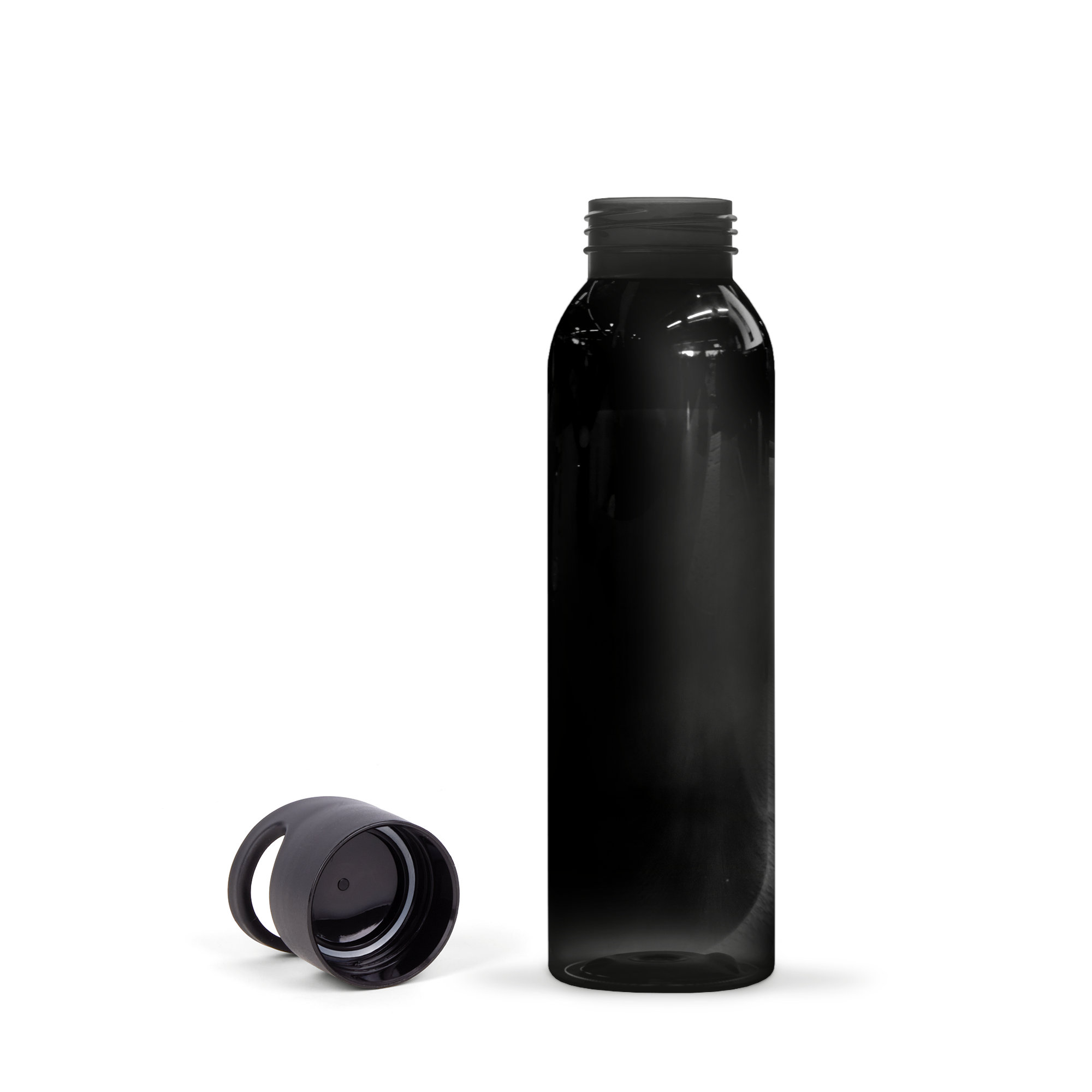 Černá lahev na vodu o objemu 650 ml s víčkem, potištěná s jedinečným designem dle vlastního přání.