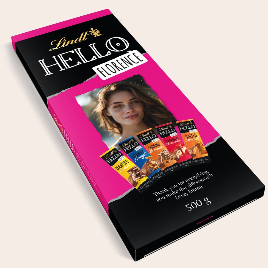 Personalizowana Czekolada Lindt Hello XL Ten czekoladowy prezent Lindt Hello w rozmiarze XL z nadrukowanym zdjęciem, imieniem Florence i życzeniami, zawierający czekoladki Lindt w różnych smakach.