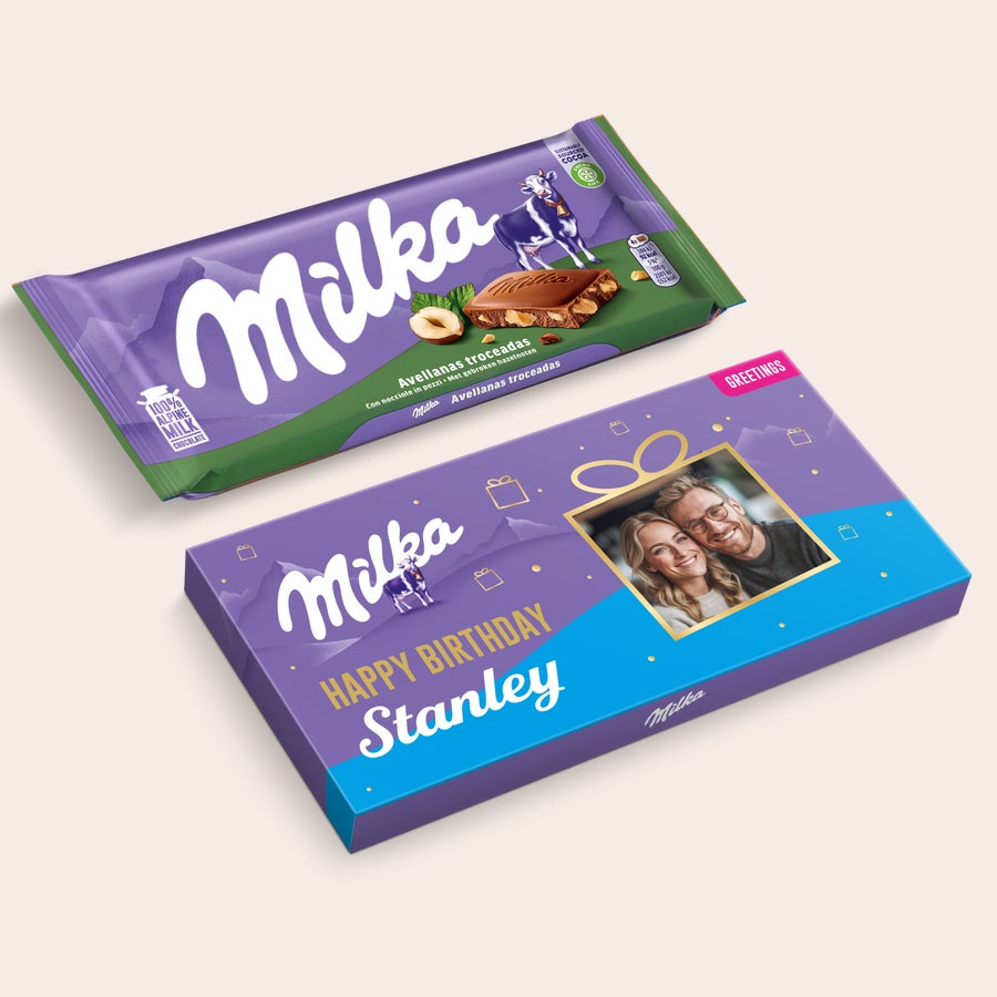 Personalised Milka chocolate greeting card Personalised Milka chocolate - Hazelnut with a Happy Birthday Stanley message and a custom photo printed on the box.
