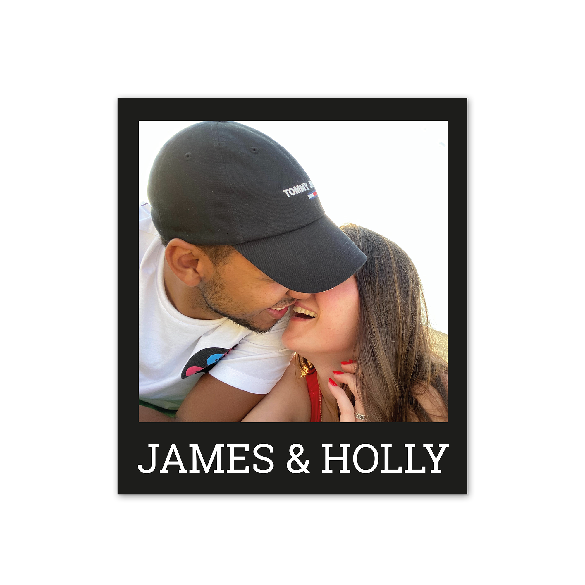 Retro style photo print of a couple with custom text "JAMES & HOLLY" to have your fondest memories printed