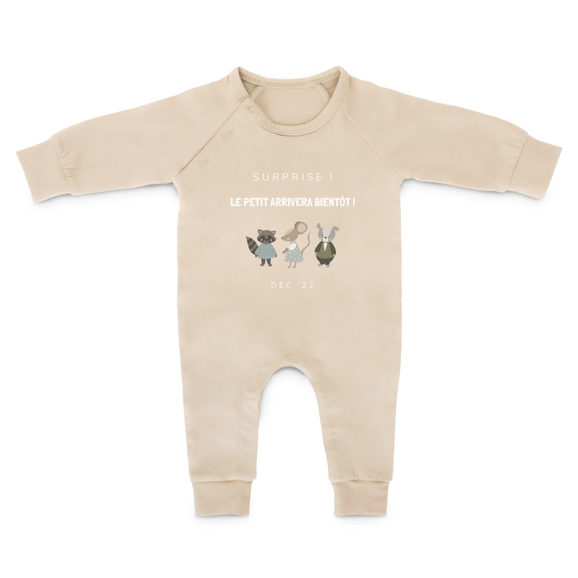 Dors-bien personnalisée beige imprimée avec texte et animaux pour étirer et donner des coups de pied avec ses jambes potelées