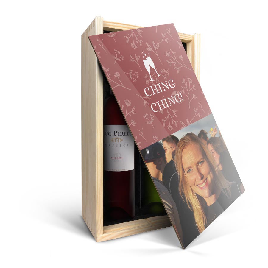 Wijnpakket in bedrukte kist - Luc Pirlet - Merlot en Sauvignon Blanc Wijnpakket in bedrukte kist - Luc Pirlet - Merlot en Sauvignon Blanc