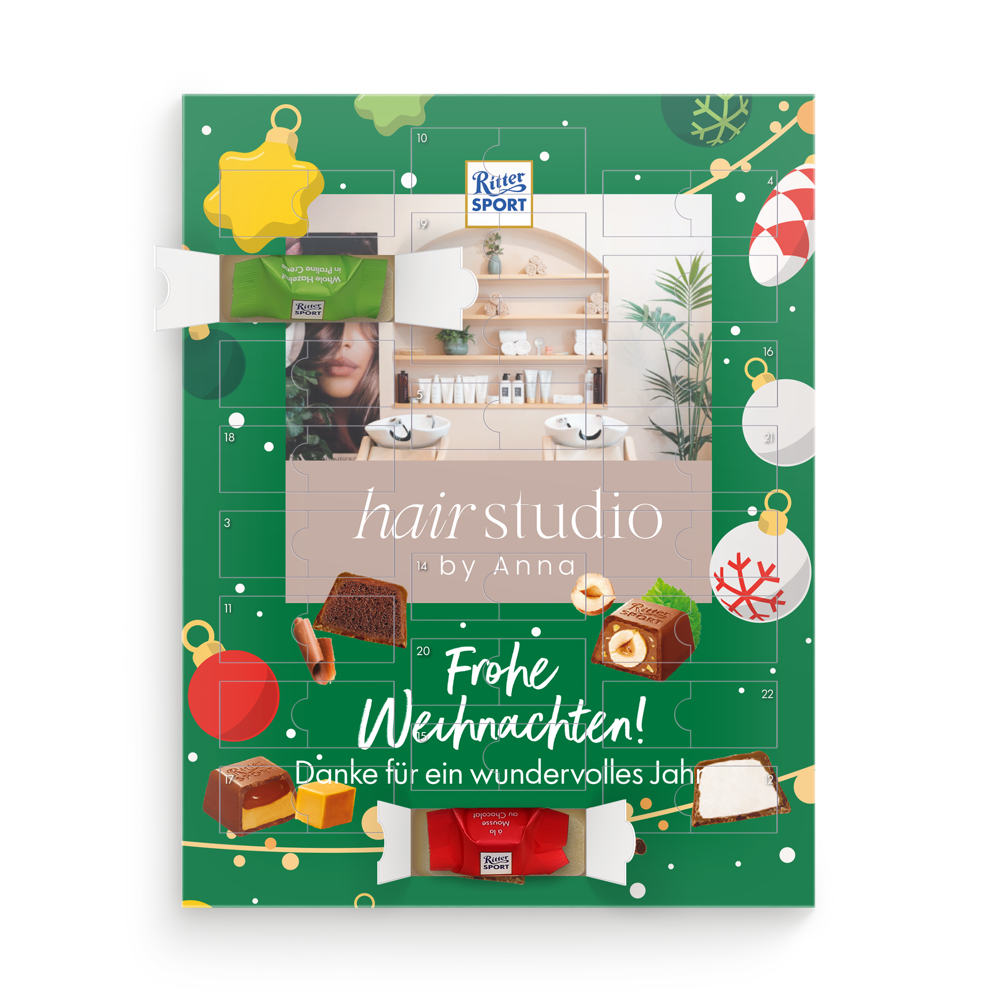 Personalisierter Ritter Sport Adventskalender im Ritter Sport Design mit eigenem Foto und Text bedruckt