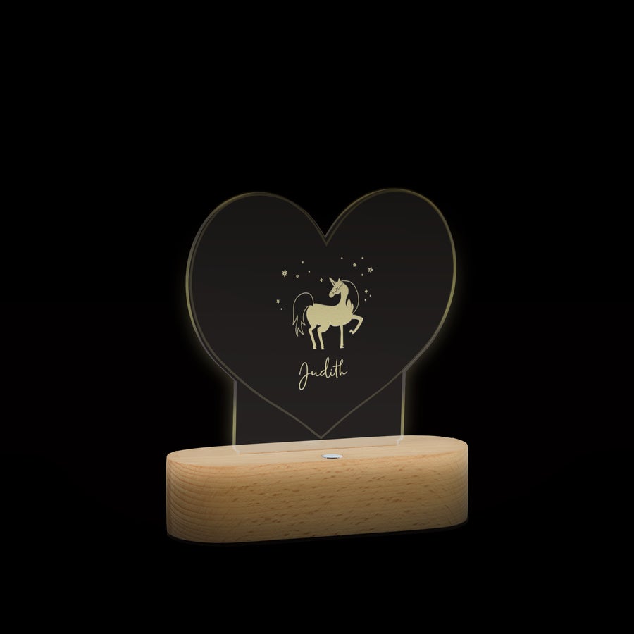 Luminaire acrylique avec support Luminaire cœur gravé du nom Judith et d'une licorne, Faites briller vos proches avec cet élégant luminaire gravé d'un nom ou d'un texte