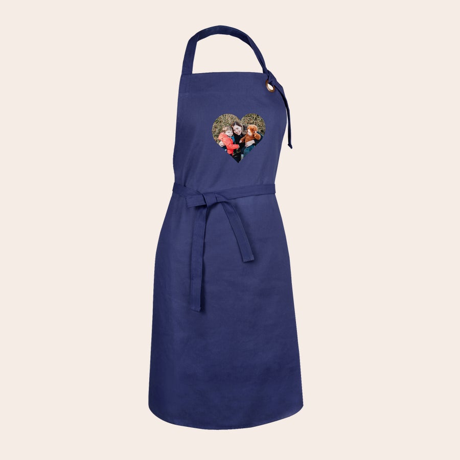 Tablier personnalisé Tablier de cuisine bleu marine personnalisé avec une photo de famille en forme de cœur imprimée