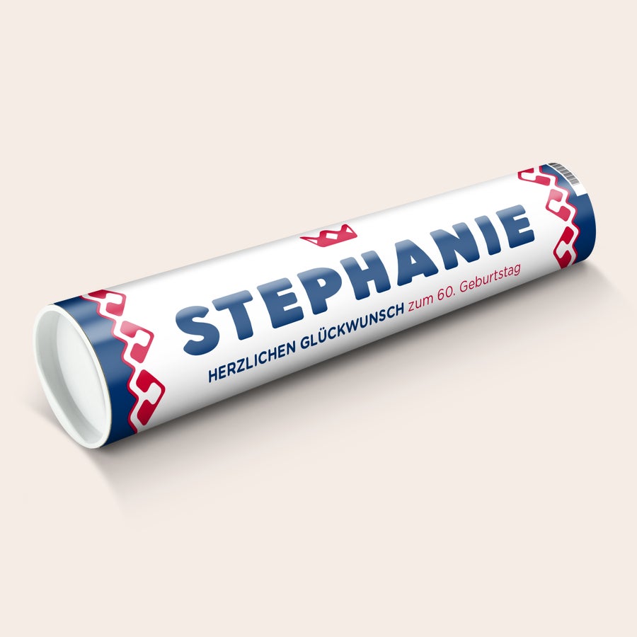 Riesen Rolle KING Pfefferminz personalisieren Personalisierte riesen Rolle KING Pfefferminz mit dem Namen STEPHANIE und dem Text HERZLICHEN GLÜCKWUNSCH zum 60. Geburtstag, vollfarbig bedruckt.