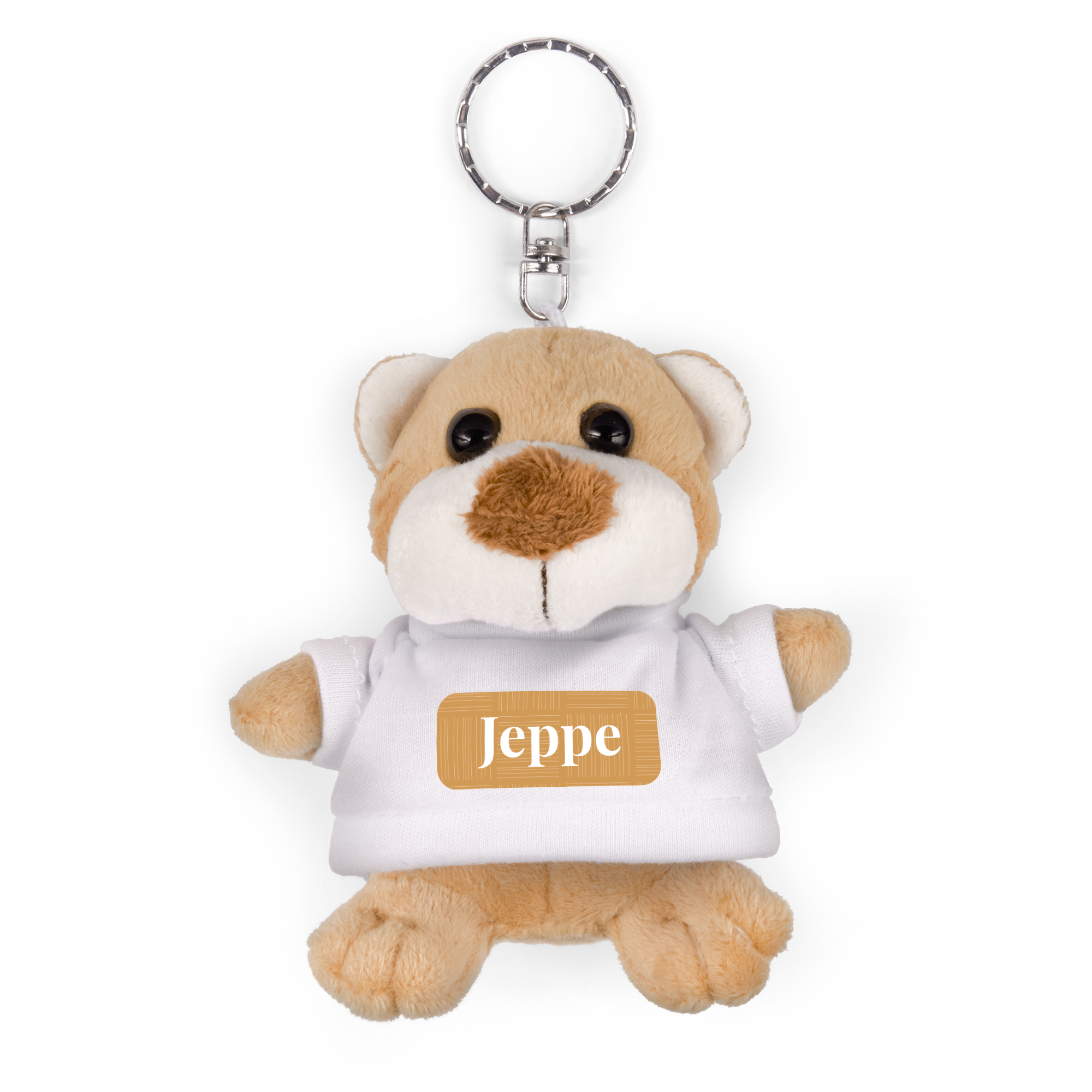 Brun bamse nøglering med navn "Jeppe" trykt på hvid t-shirt.
