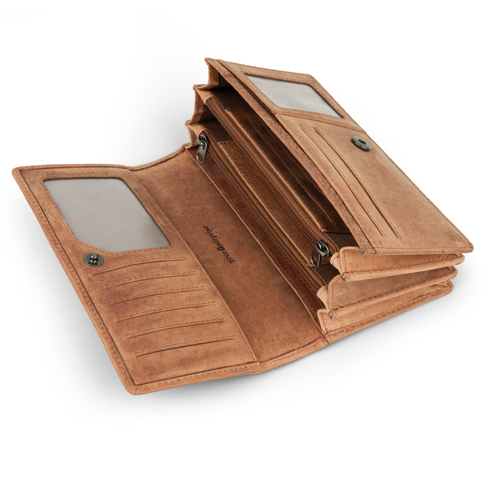 Braunes Portemonnaie aus Büffelleder, personalisiert mit einem Namen, um eine Dame zu überraschen