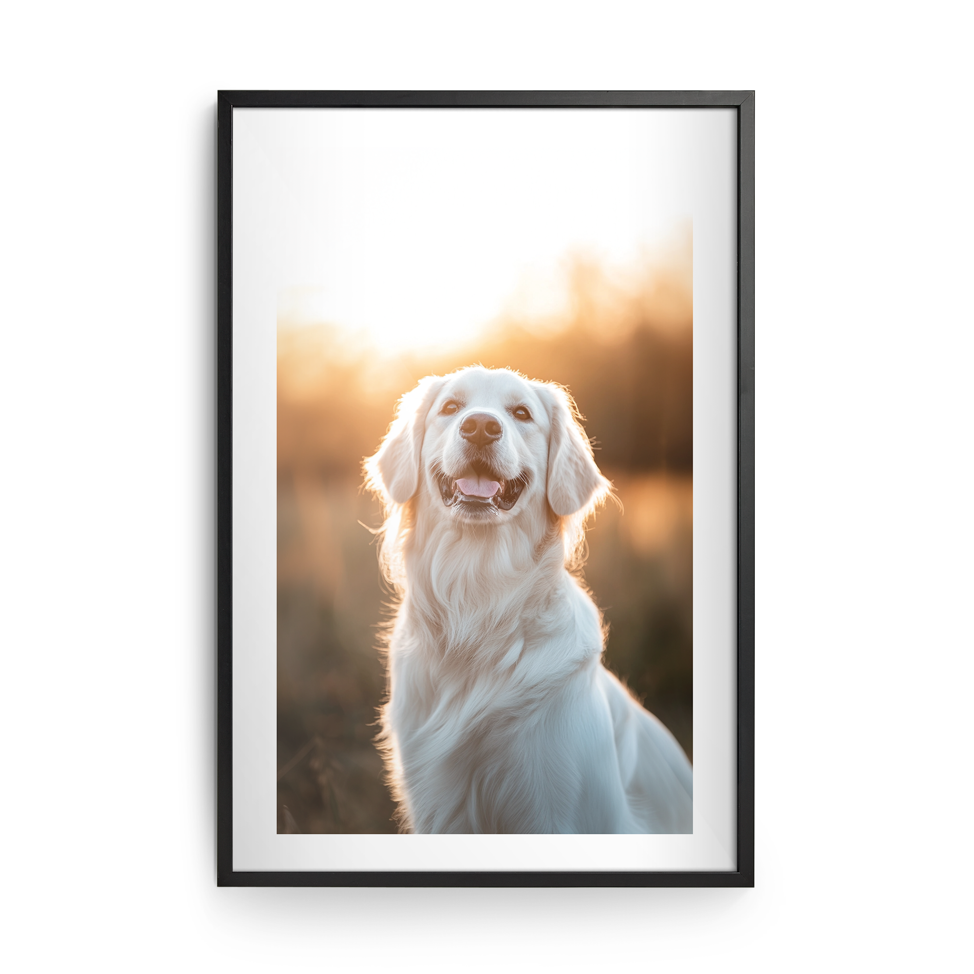 Moldura personalizada preta com foto impressa de um cão. Imortalize a sua memória mais bonita.