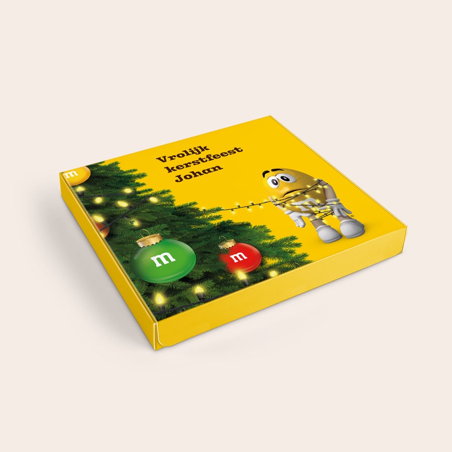 M&M's giftbox Gepersonaliseerde M&M's giftbox, geel met kerstboom, M&M's karakter en tekst