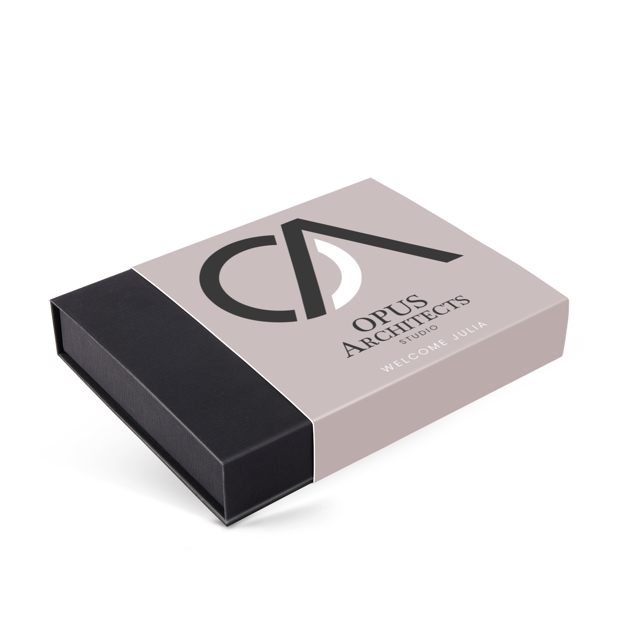 Luxury chocolate giftbox printed with a personalized design, featuring a logo and text on a light gray wrapper