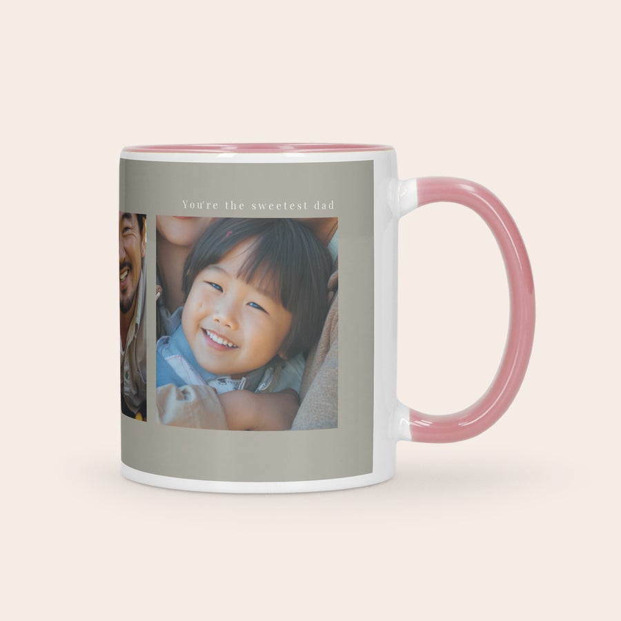 Vlastní barevný hrnek Růžový barevný hrnek s fotografií otce a dítěte a textem "You're the sweetest dad", perfektní dárek.