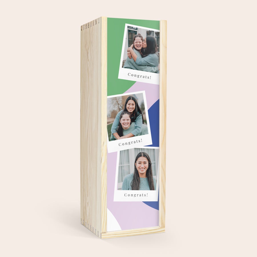 Licor Amaretto Disaronno - Caja personalizada Caja de madera personalizada con fotos y el texto "Congrats!", para botella de Amaretto Disaronno