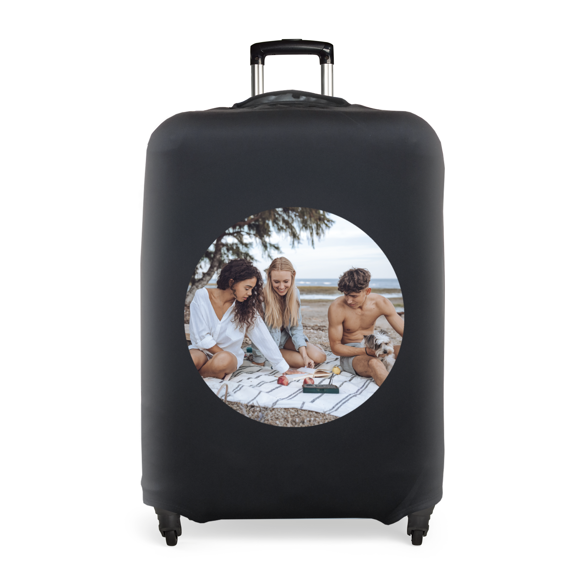 Black elastic custom photo suitcase cover, printed with a circular photo of three friends and a dog on a blanket at the beach