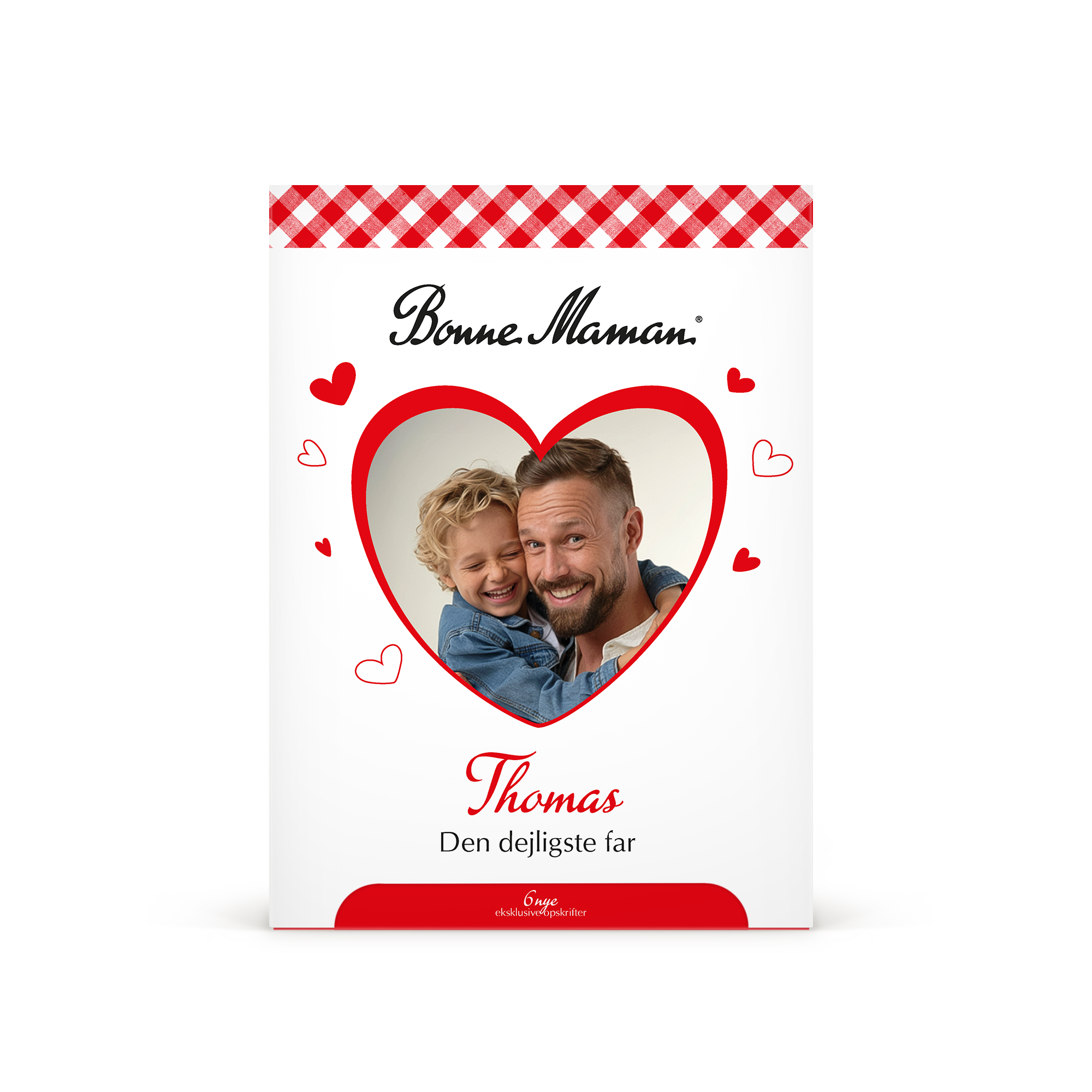 En unik Bonne Maman gaveæske med personligt tryk af et billede af Thomas og hans far omkranset af hjerter, med teksten "Den dejligste far".
