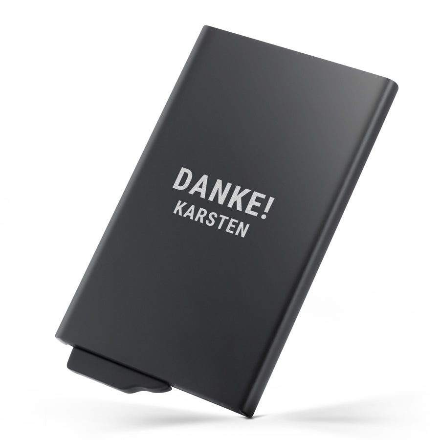 Stilvoller Kartenhalter aus Metall matt-schwarz mit graviertem Namen Karsten und Text Danke!