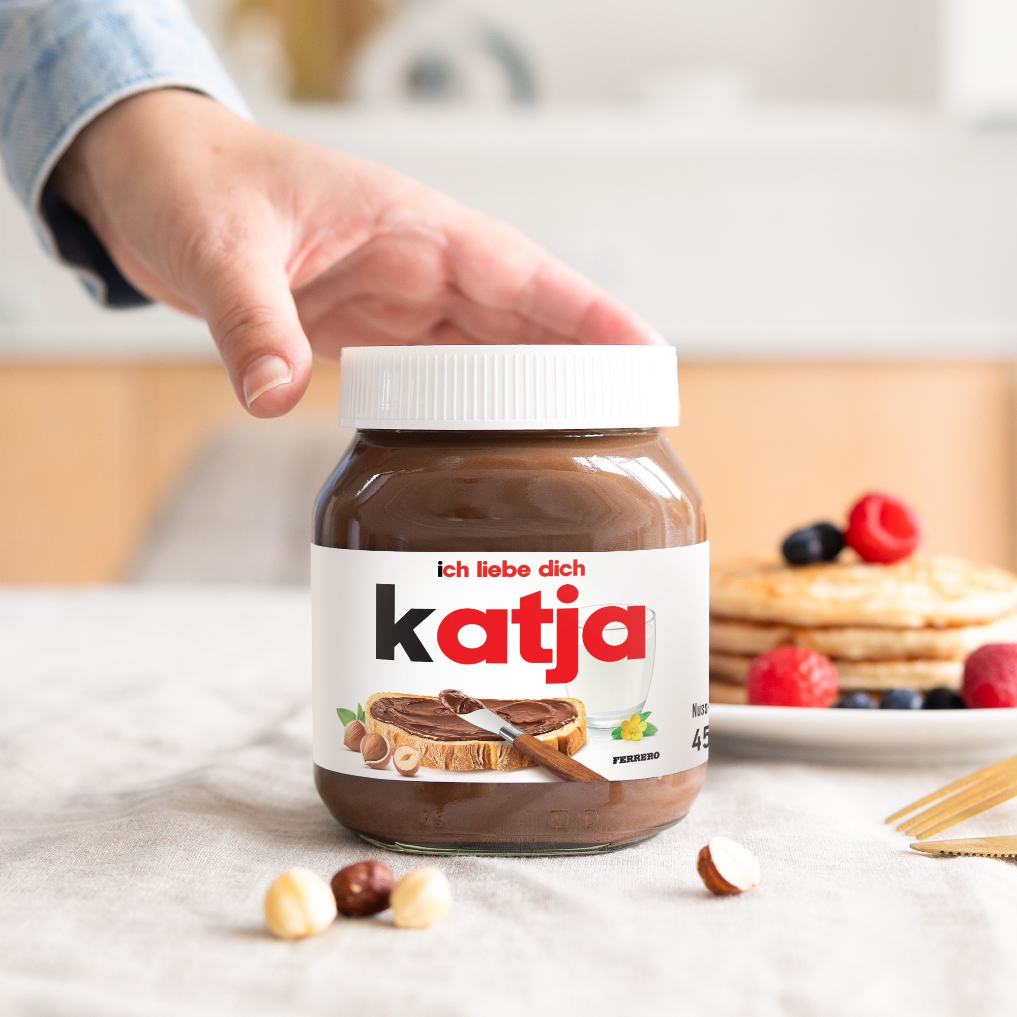 Original nutella® Glas 450 Gramm personalisieren mit Namen Katja und dem Text Ich liebe dich, bereit zum Verschenken