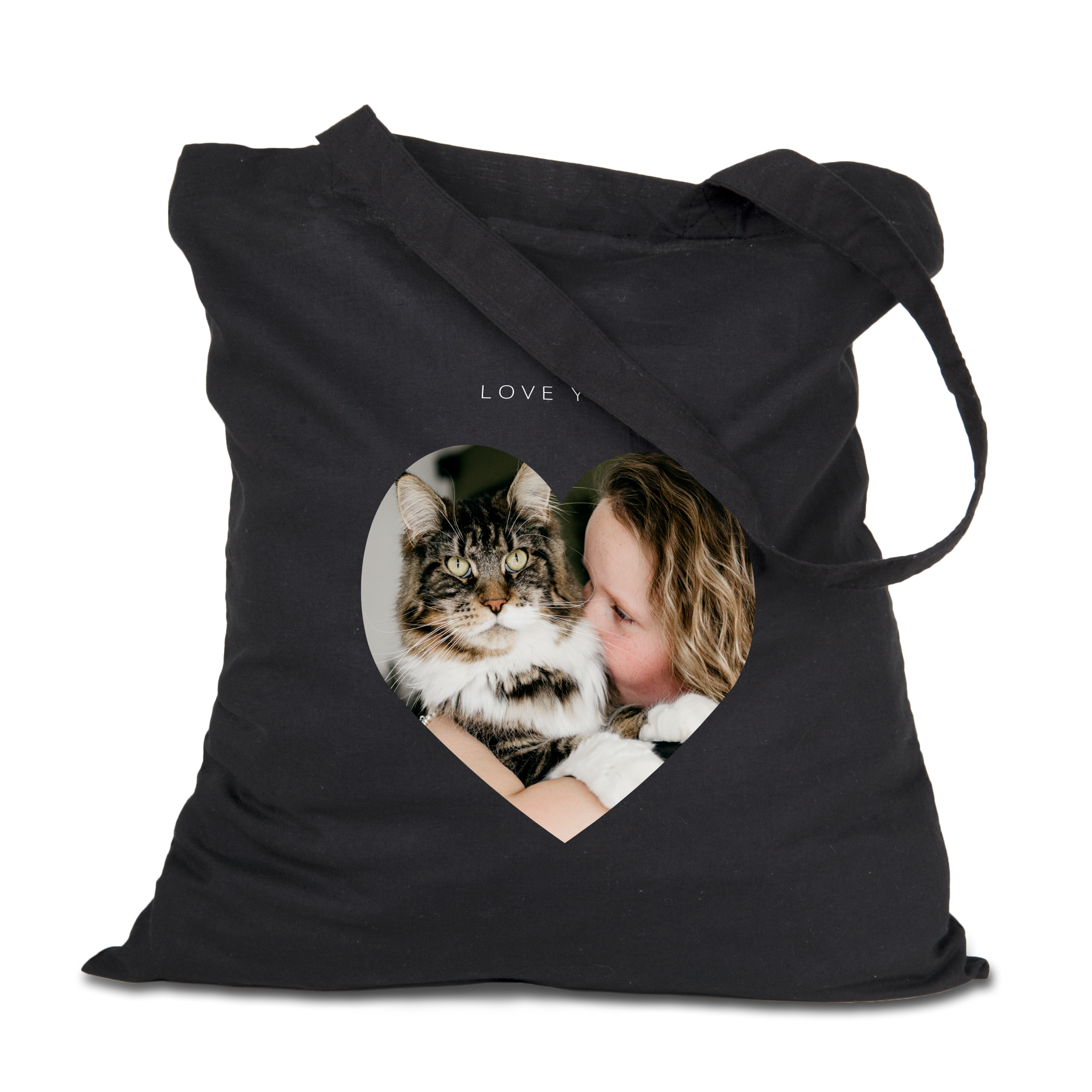 Bolsa de tela negra personalizada con una foto impresa de una mujer abrazando a un gato atigrado.