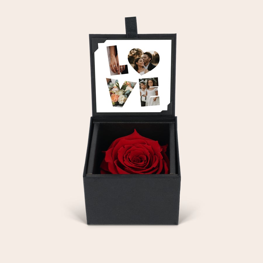 Rosa eterna com impressão fotográfica Eternity Rose vermelha com impressão fotográfica em estilo retrô, personalizada com fotos de casal e crianças