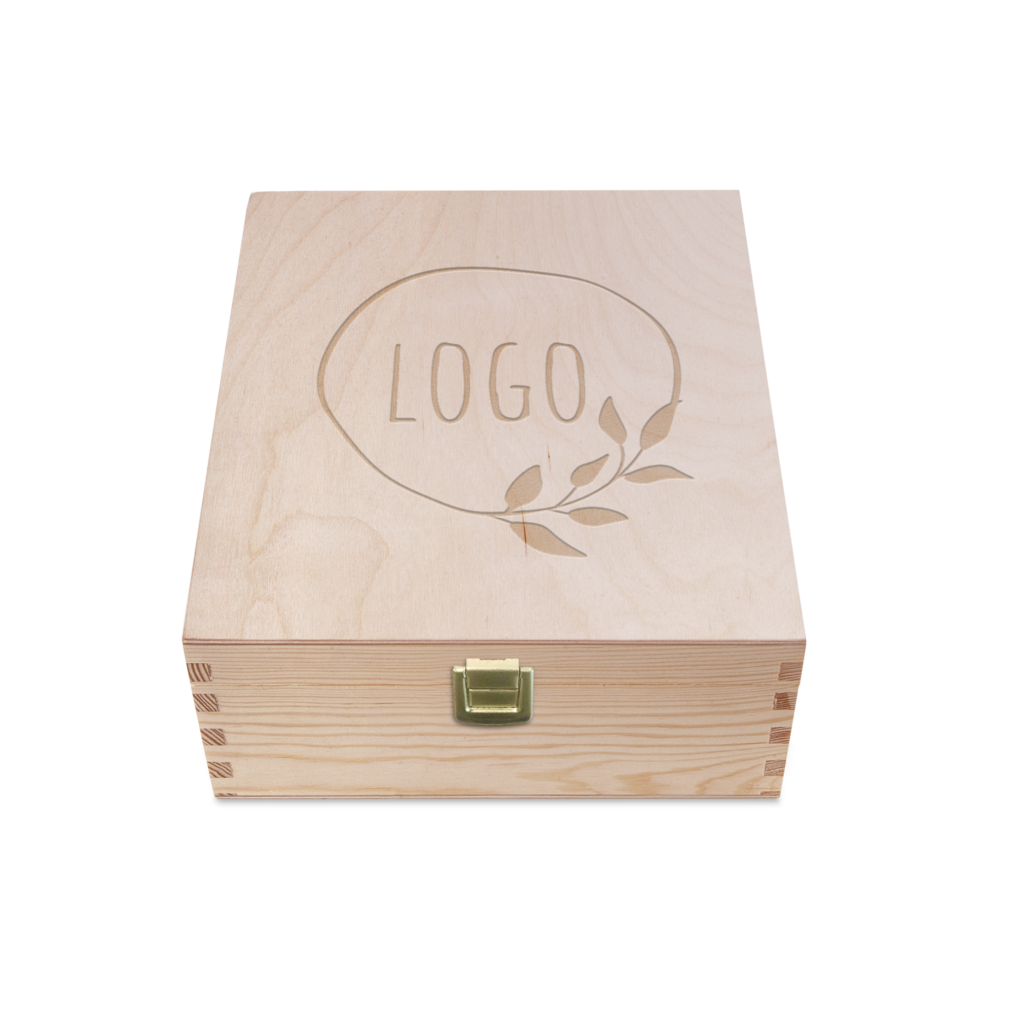 Houten theedoos gegraveerd met een gepersonaliseerd logo en takje voor jouw theemoment.