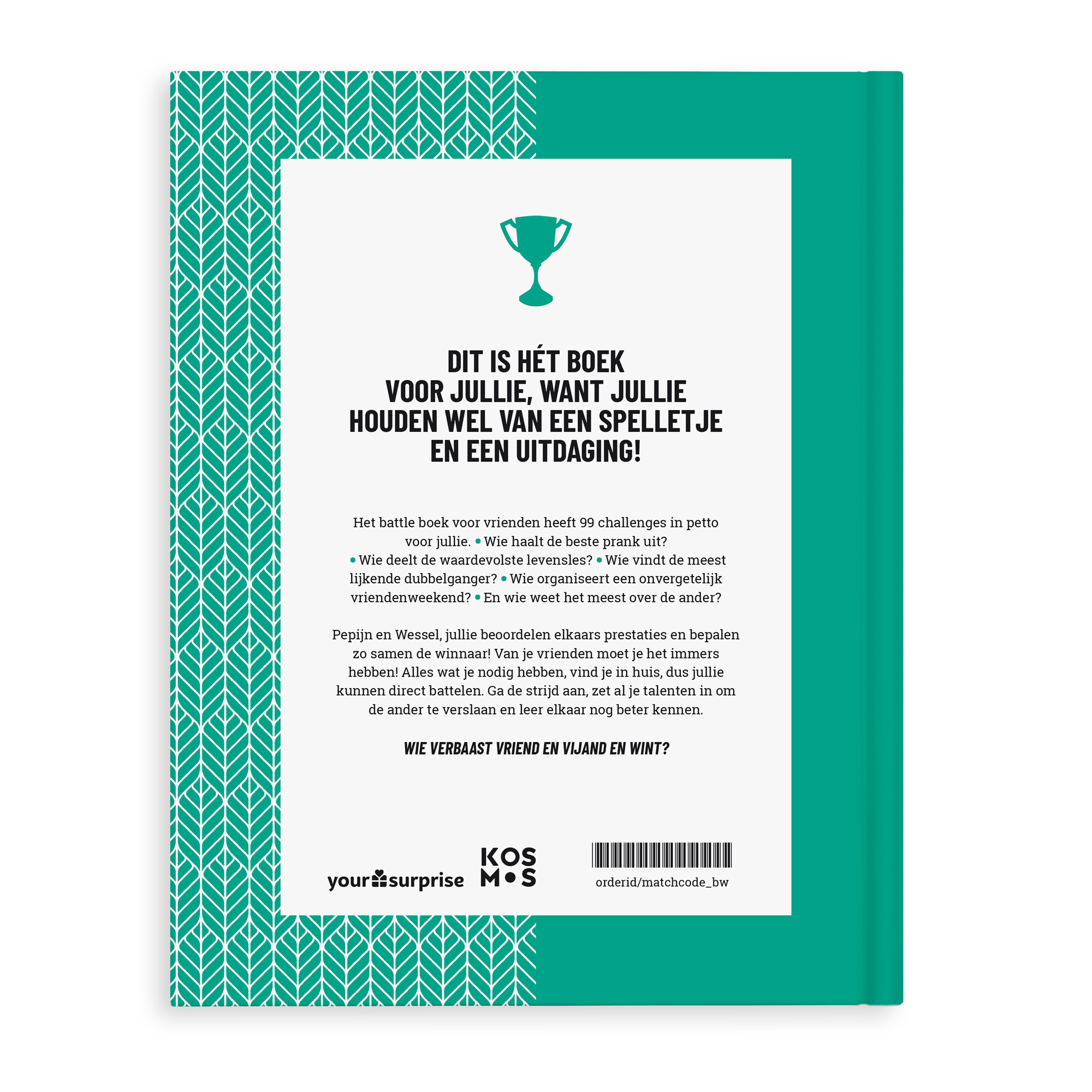 Groen gepersonaliseerd Battle boek voor vrienden met tekst "Dit is het boek voor jullie", bedrukt met namen.