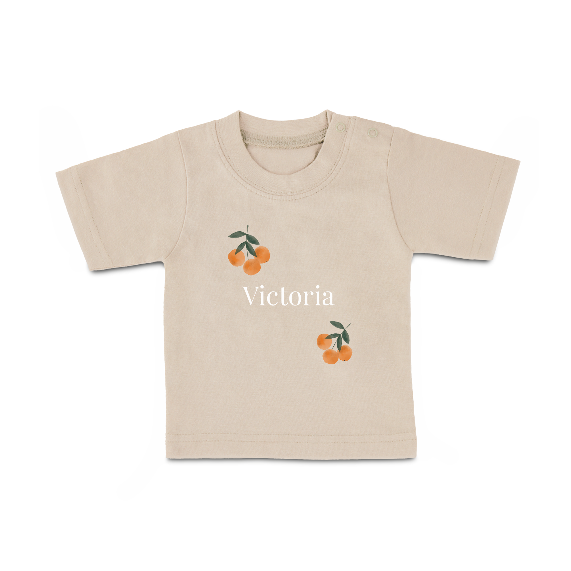 T-shirt bébé beige personnalisé avec le prénom Victoria imprimé et des motifs de cerises