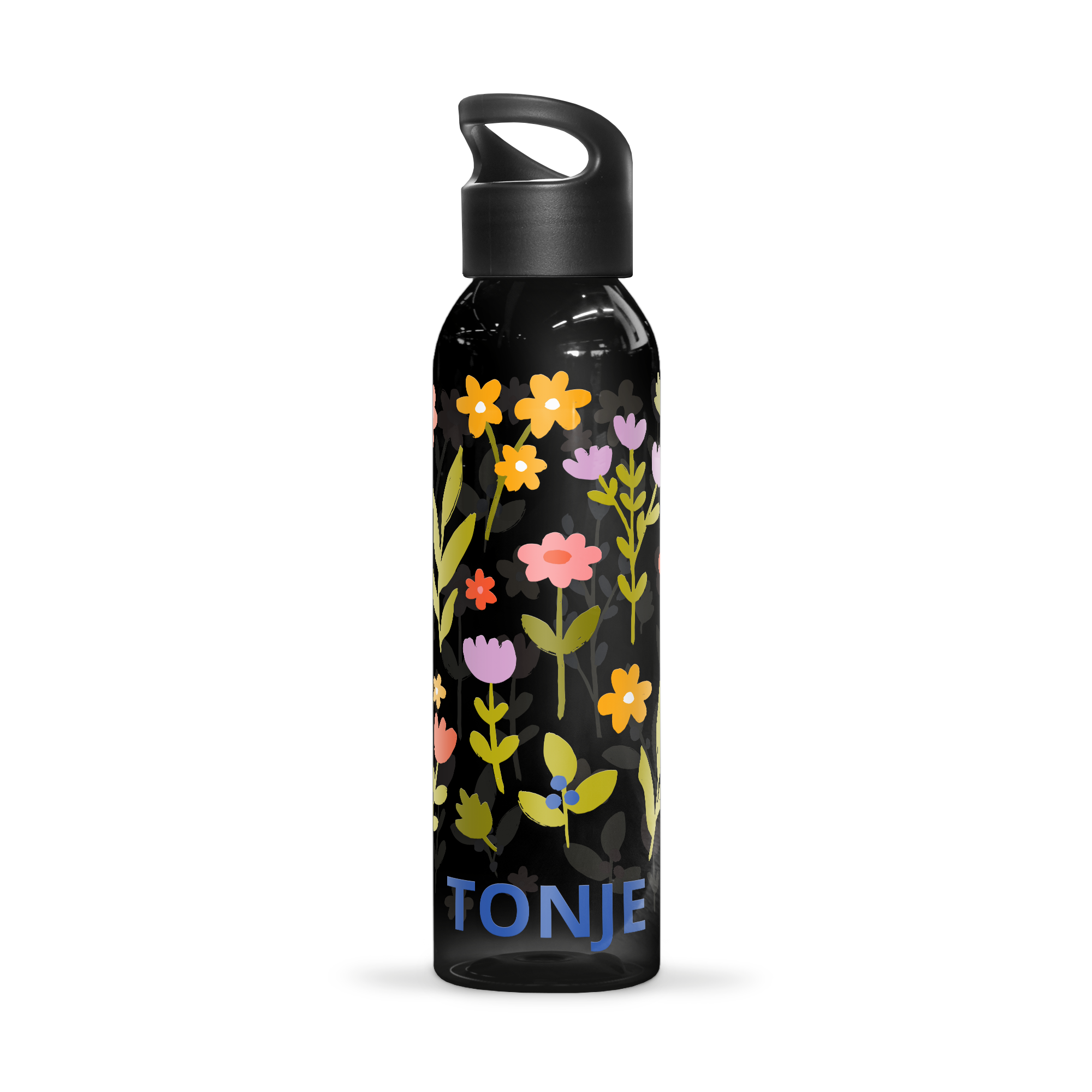 Personlig vannflaske, svart, med trykk av fargerike blomster og navnet TONJE i blått.