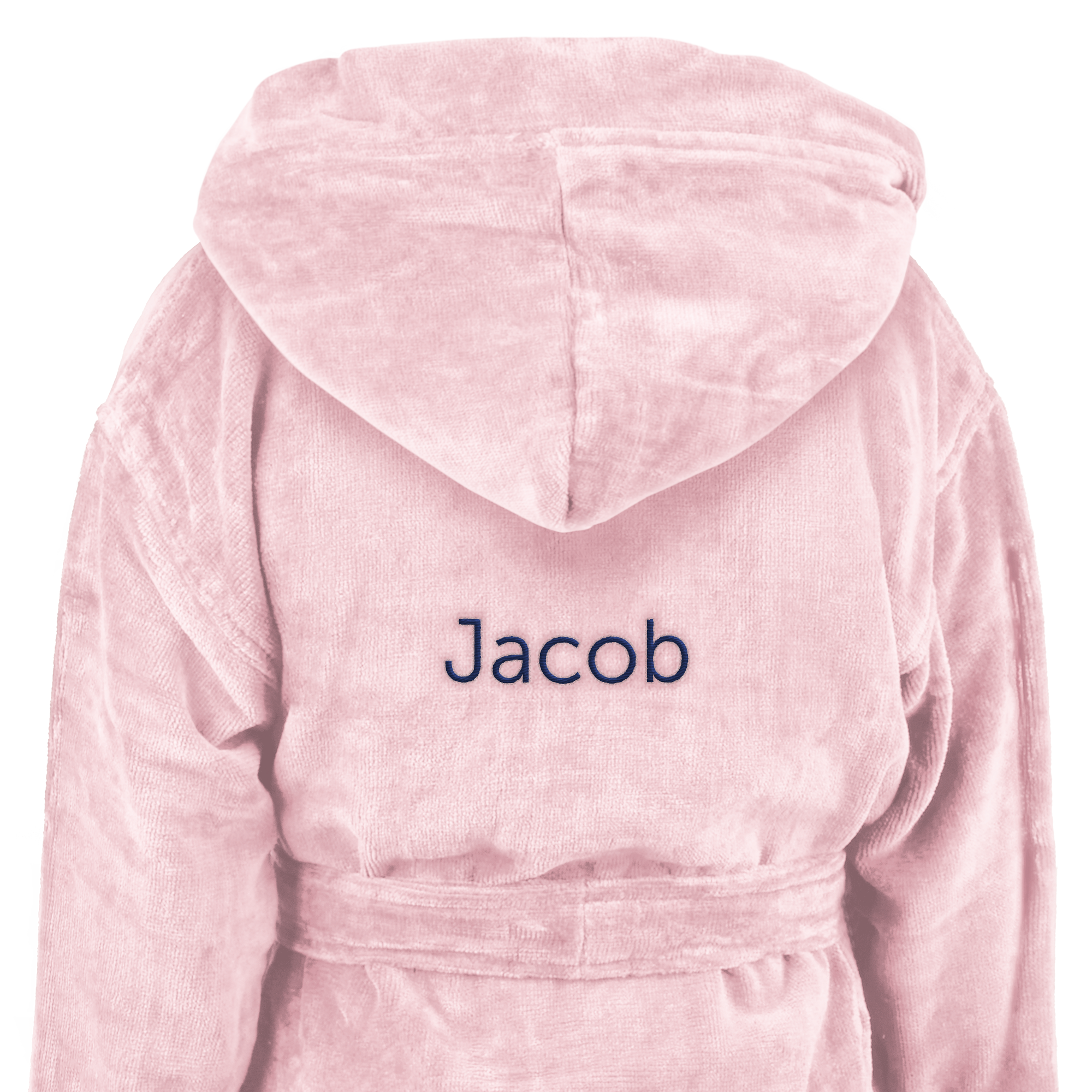 En mjuk personlig badkappa för barn i rosa frotté med namnet Jacob broderat på ryggen