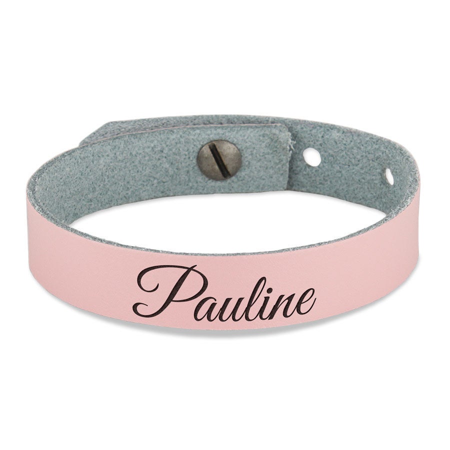 Personalised bracelet - Leather - Pink - Engraved - 23.5 cm