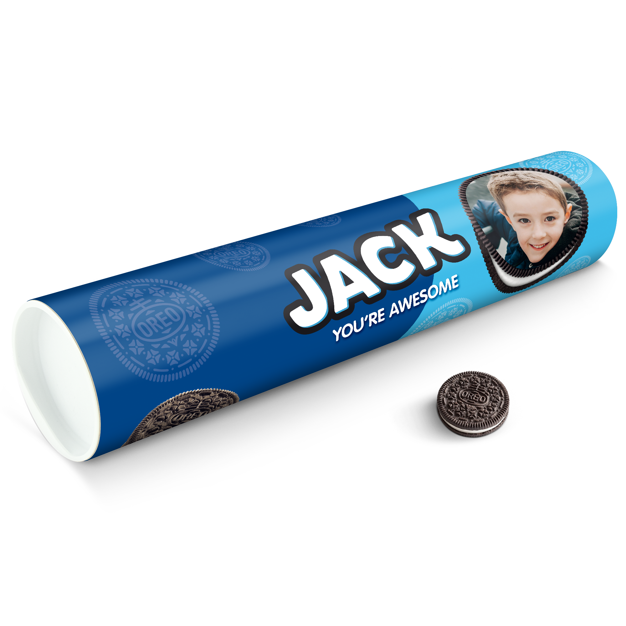 Modra Mega Oreo darilna tuba s fotografijo fanta, napisom Jack You're Awesome in Oreo piškotom, primerna za poznavalce piškotov