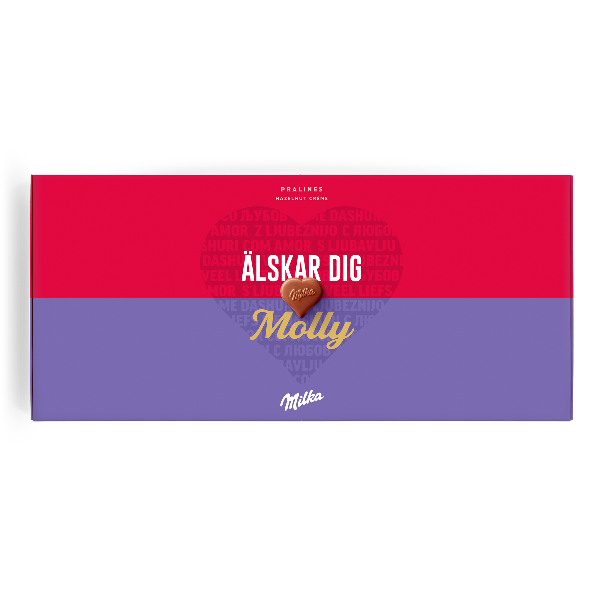 Säg det med Milka chokladask med texten ÄLSKAR DIG och namnet Molly, i ett personligt tryck