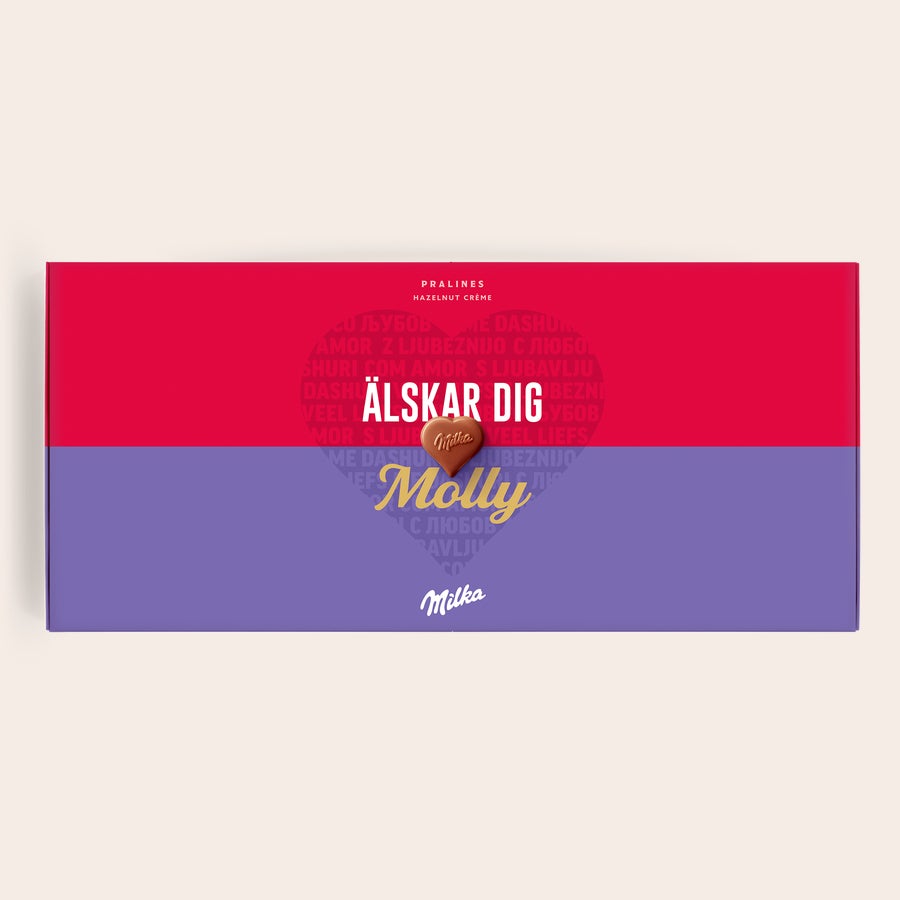 Personliga Milka presentförpackning - Kärlek Säg det med Milka chokladask med texten ÄLSKAR DIG och namnet Molly, i ett personligt tryck