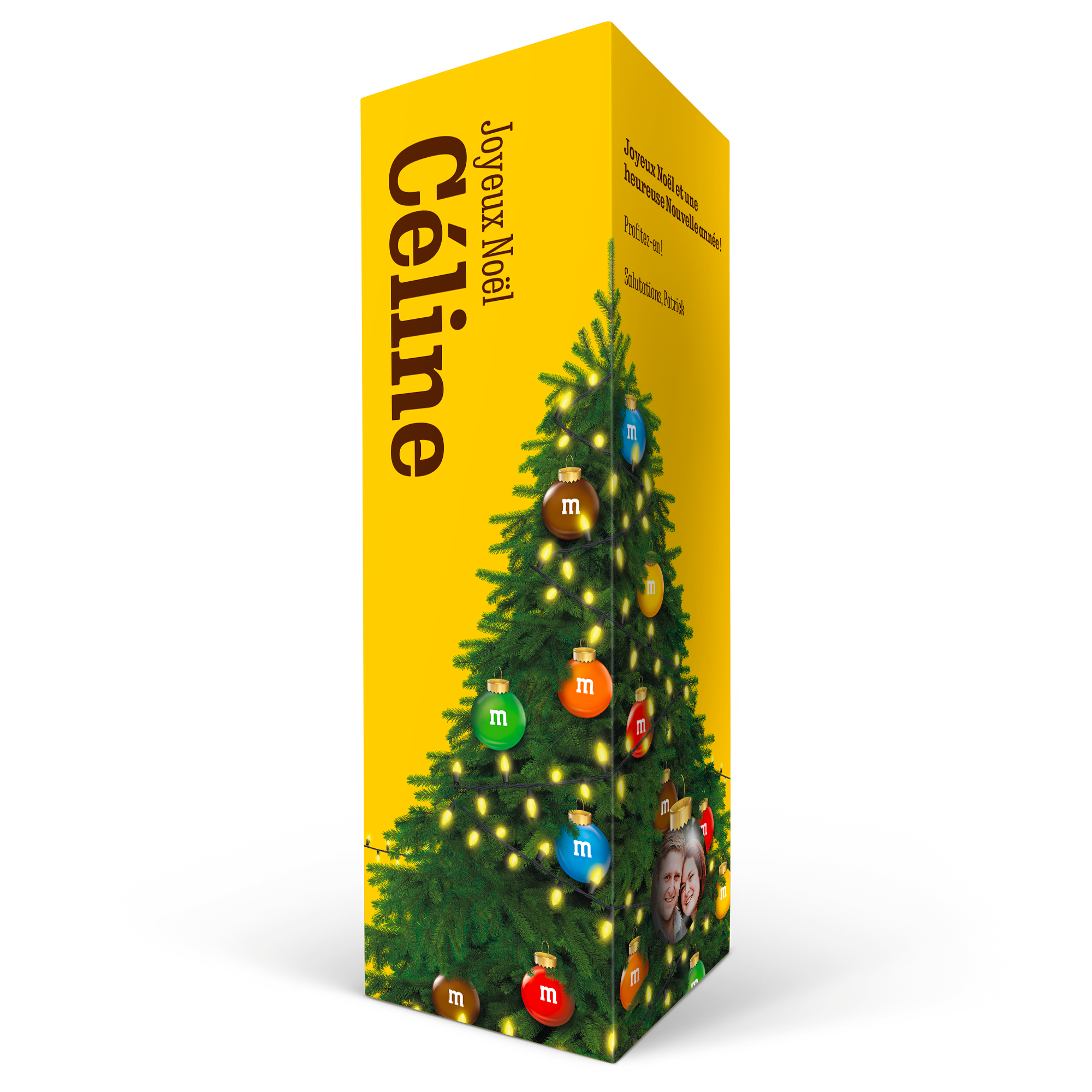 Coffret cadeau M&Ms personnalisé Joyeux Noël pour Céline imprimé avec un sapin, photo et message