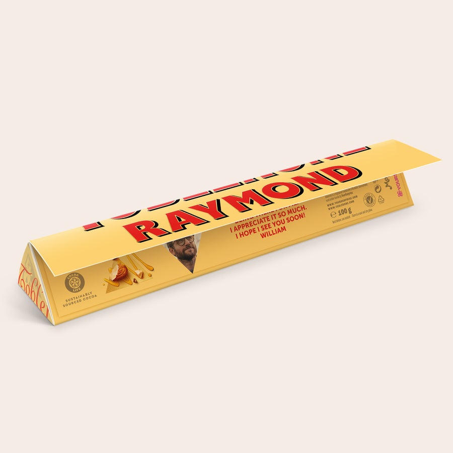 Personalised Toblerone Chocolate Bar Personalised Toblerone bar printed with Raymonds name a photo and a message I appreciate it so much