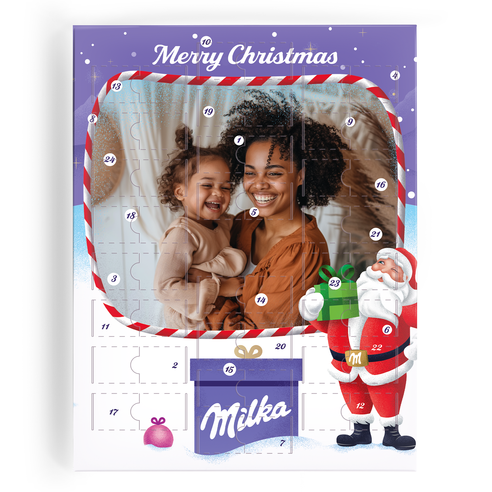 Personalized advent calendar with Milka chocolates, custom printed with a photo and the text Merry Christmas
