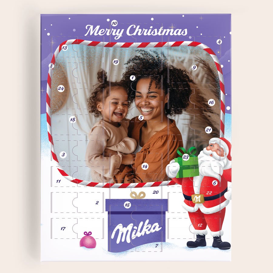 Prilagojeni adventni koledar Milka Favourites Personaliziran adventni koledar z Milka čokoladicami, potiskan s fotografijo dveh deklic in napisom Merry Christmas.
