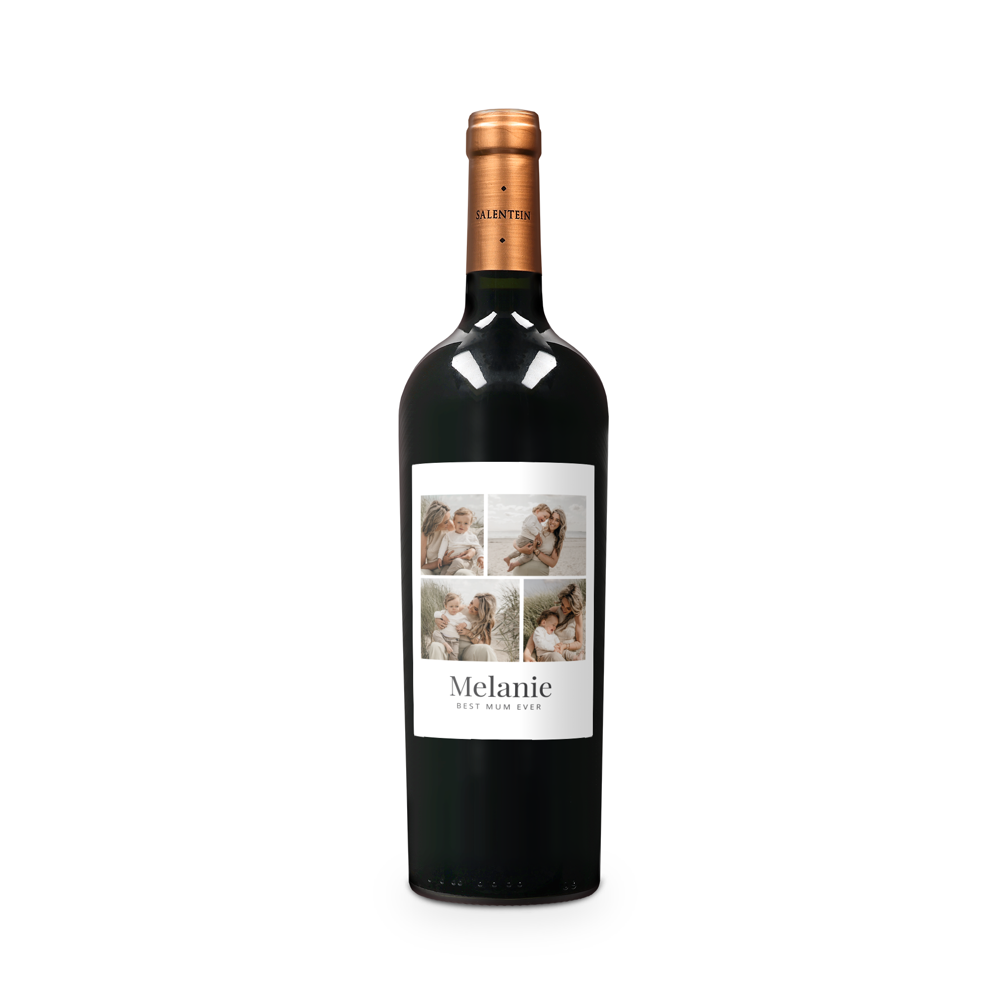 Bottiglia di vino Salentein Malbec con etichetta personalizzata con 4 foto e il nome Melanie best mum ever per un regalo