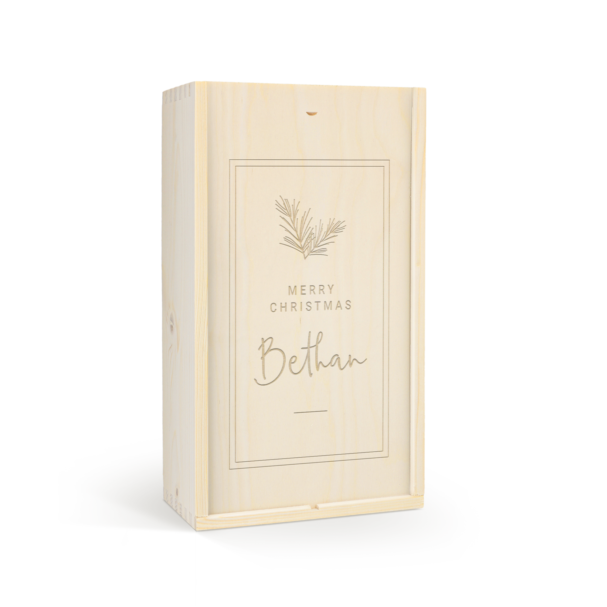 Personalized gin and tonic gift set in an engraved wooden case with Merry Christmas and the name Bethan