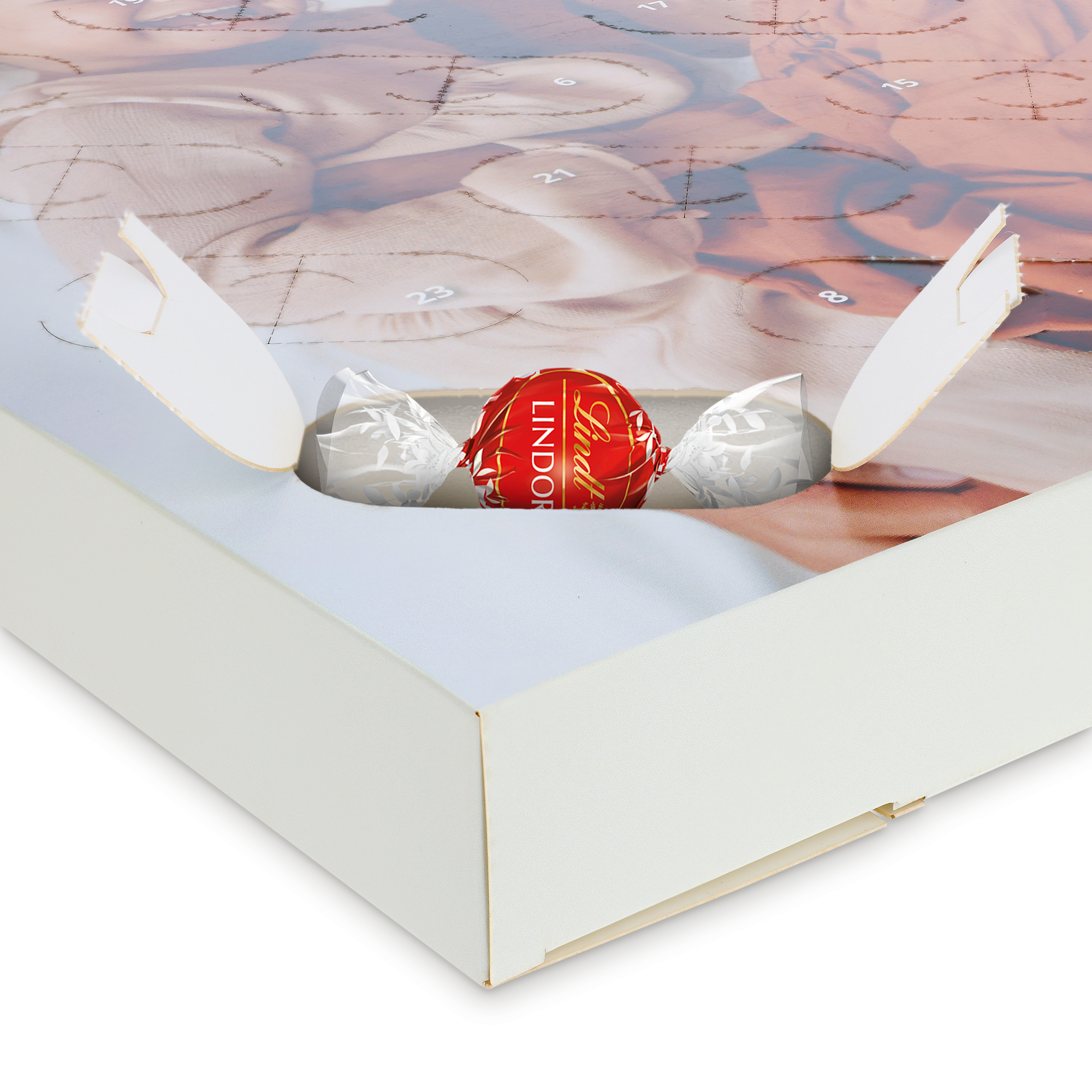 Personalisierter Adventskalender mit Lindor Assorti Mix bedruckt mit eigenem Foto und geöffnetem Türchen mit Schokokugel