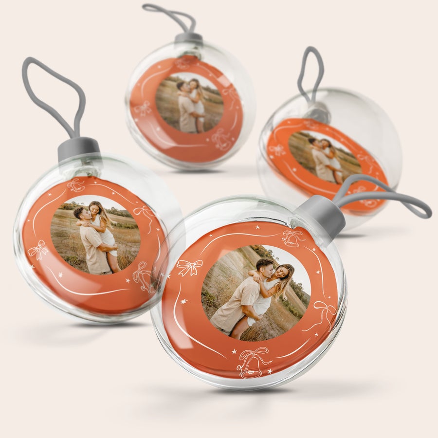 Personalised Christmas Baubles Transparent Christmas baubles printed with a personalized photo of a couple in a field, perfect for your Christmas tree.