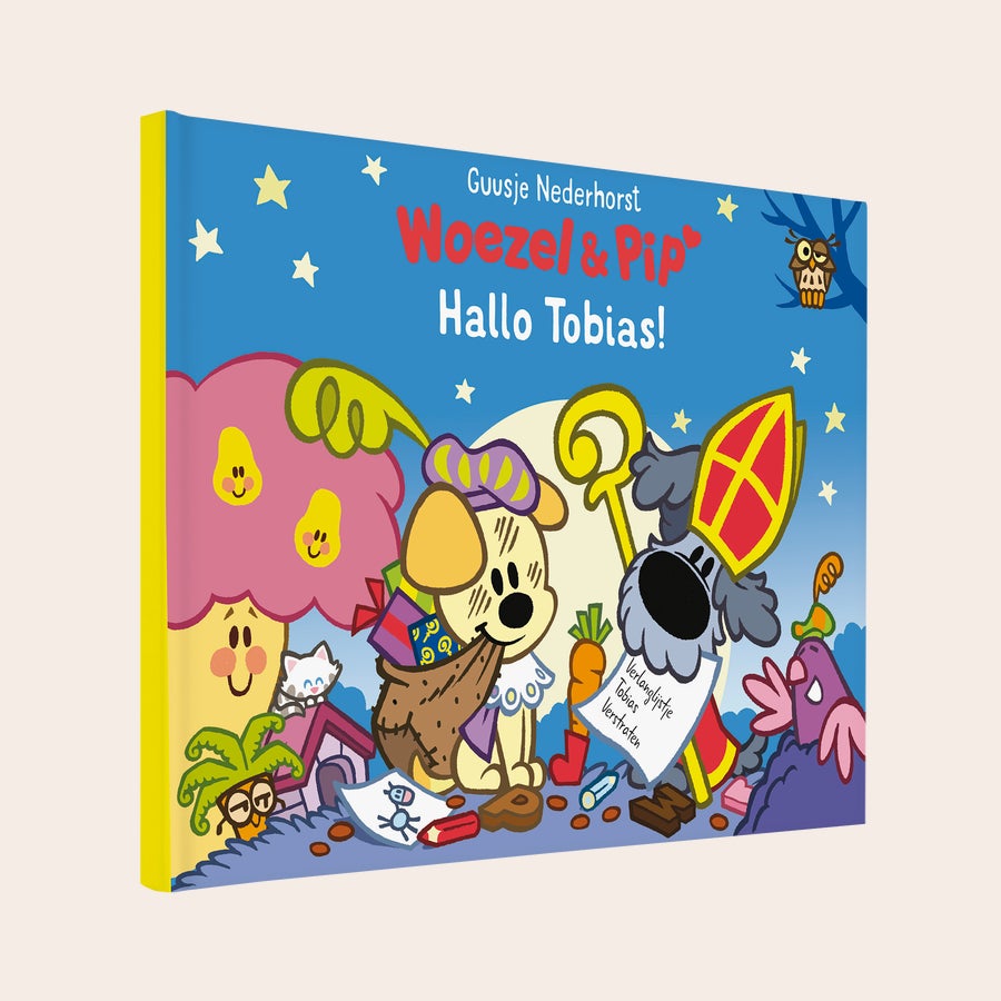 Woezel & Pip "Hallo Sinterklaas" personaliseren Gepersonaliseerd Woezel en Pip boek met de titel Hallo Tobias gedrukt. Woezel & Pip Hallo Sinterklaas personaliseren met je eigen naam.