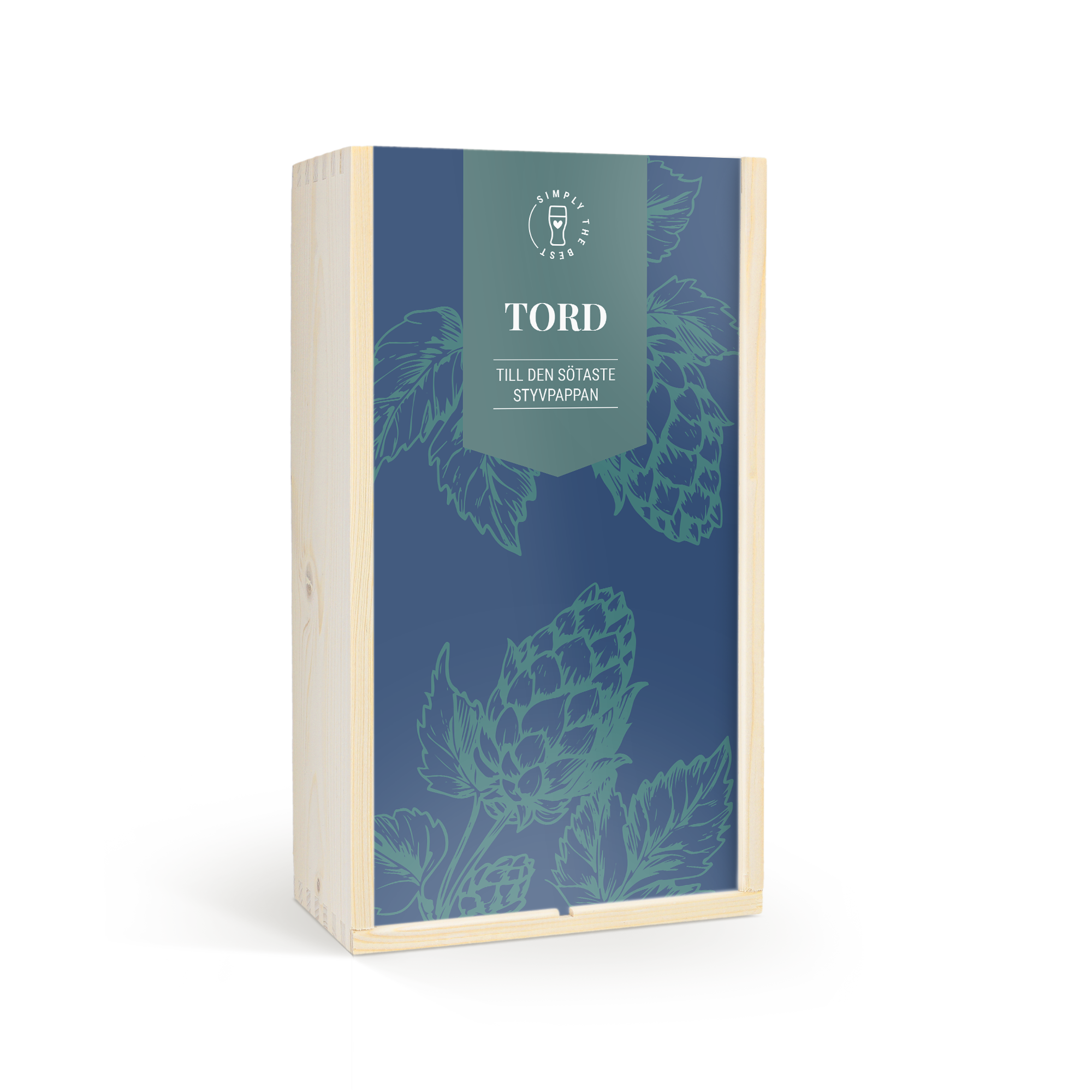 Lyxig trälåda med personligt tryck för Fars dag. Den blå etiketten är tryckt med texten Tord Till den sötaste styvpappan och humleblad.
