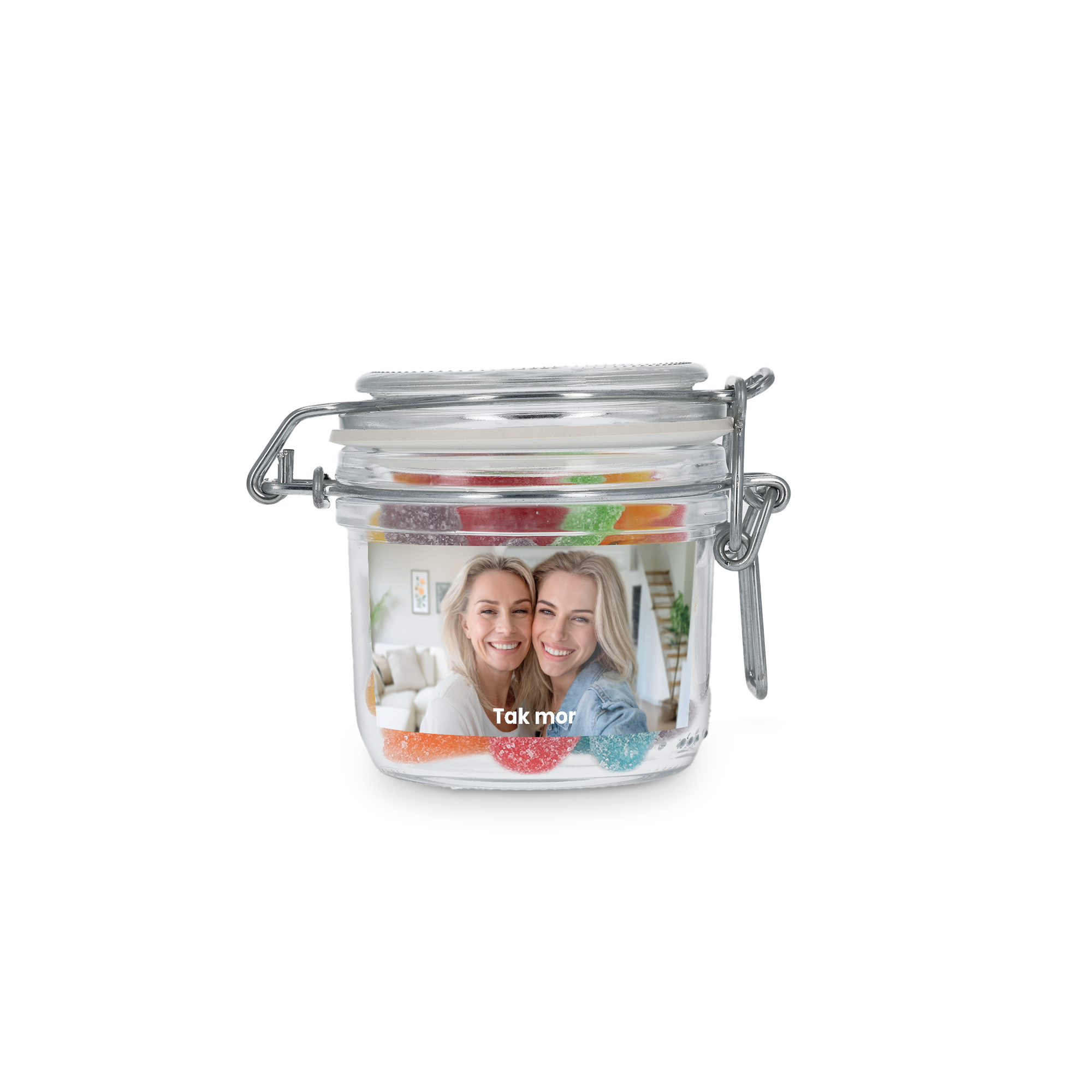 Glaskrukke med syrlige stænger, personliggjort med foto af to kvinder og teksten Tak mor på etikette