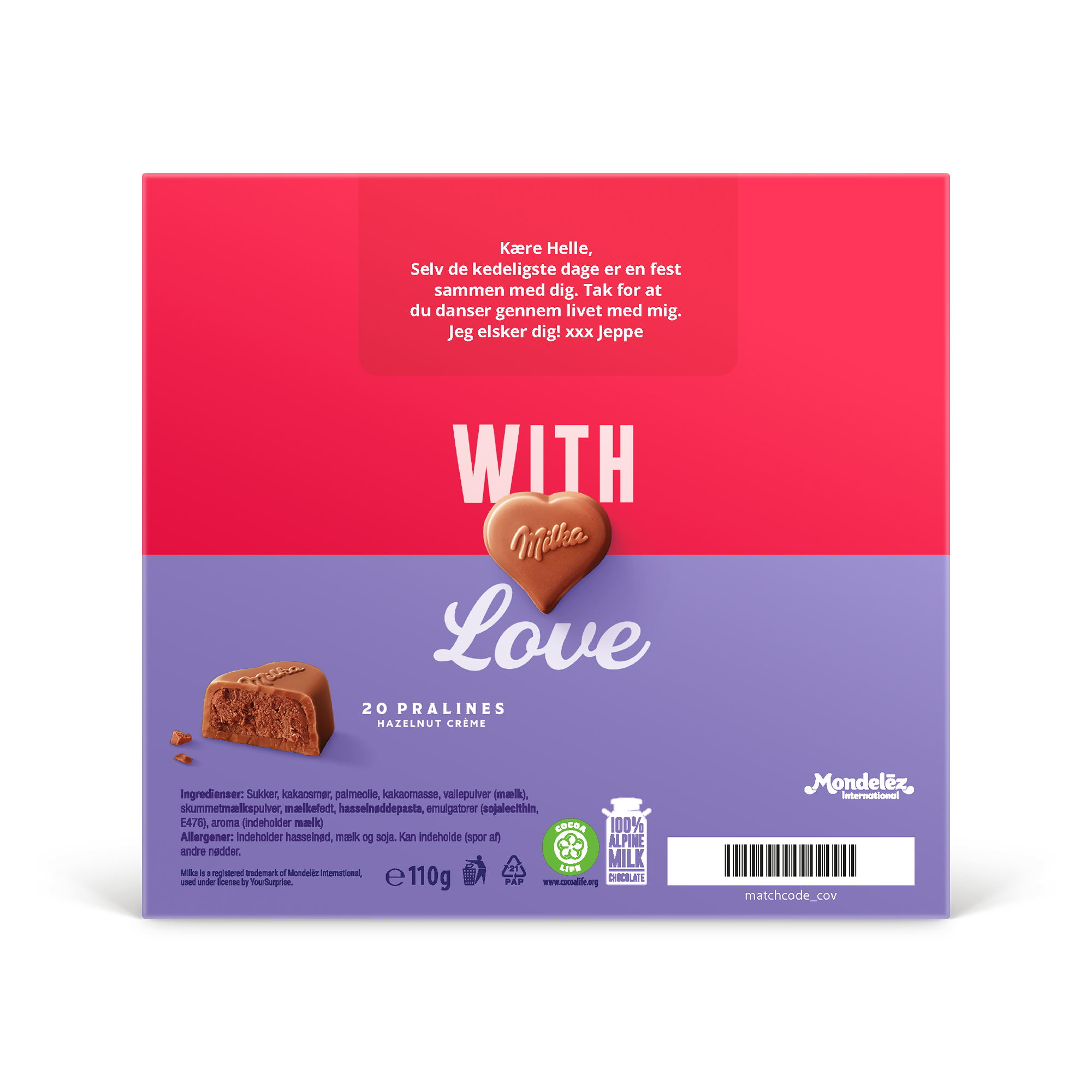 Milka chokoladehjerter i personlig 3D gaveæske med trykt besked til Helle fra Jeppe