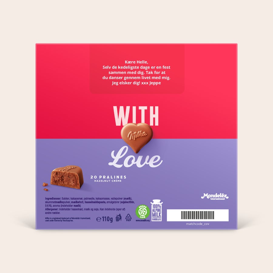 Milka chokoladehjerter i 3D gaveæske Milka chokoladehjerter i personlig 3D gaveæske med trykt besked til Helle fra Jeppe