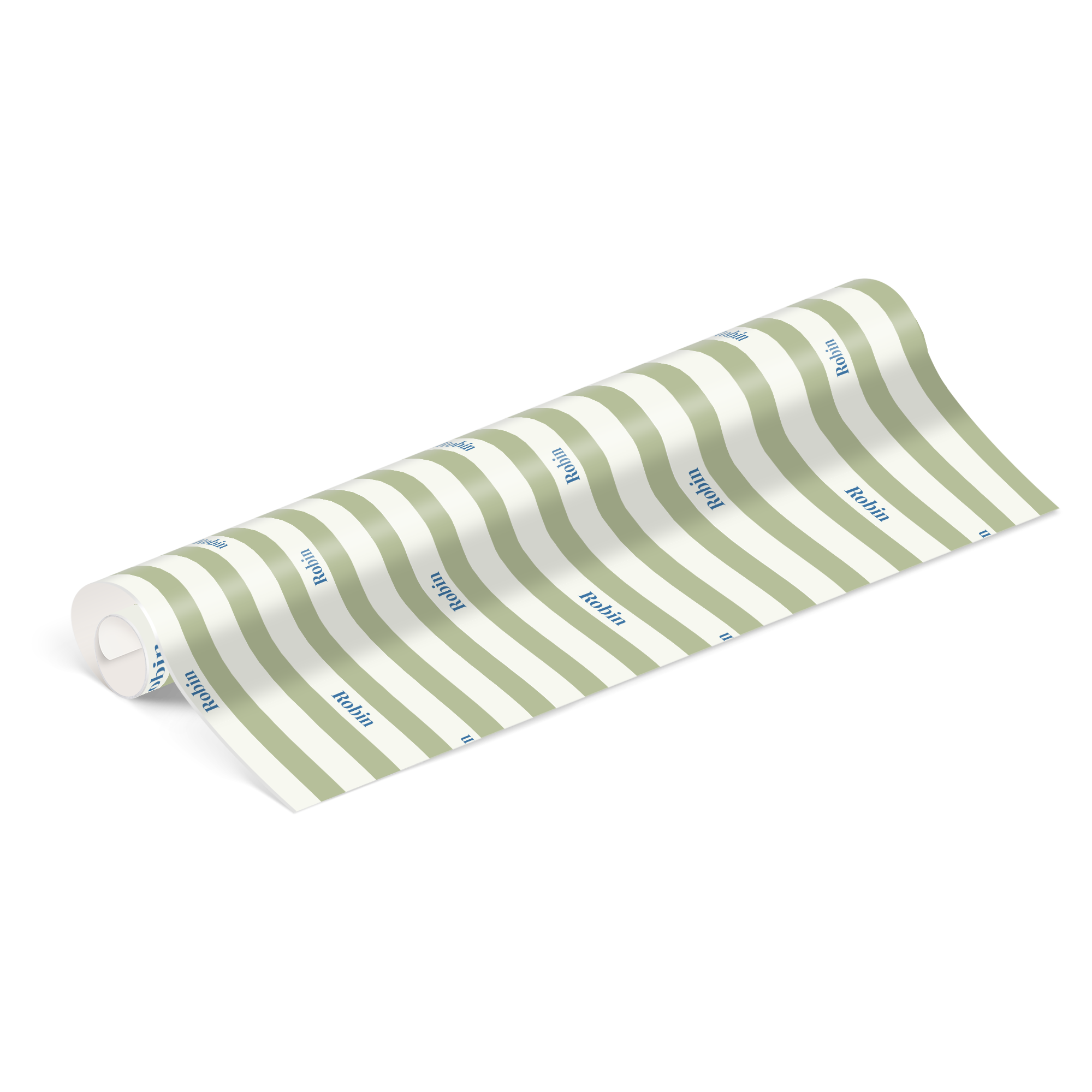 A roll of personalised wrapping paper with green and white stripes, printed with the name Robin in blue text.