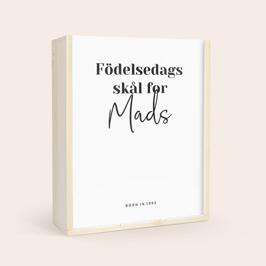 Personlig Salentein Malbec vin Salentein vinpaket i trälåda, med ett tryckt lock som säger Födelsedags skål för Mads, Born in 1992