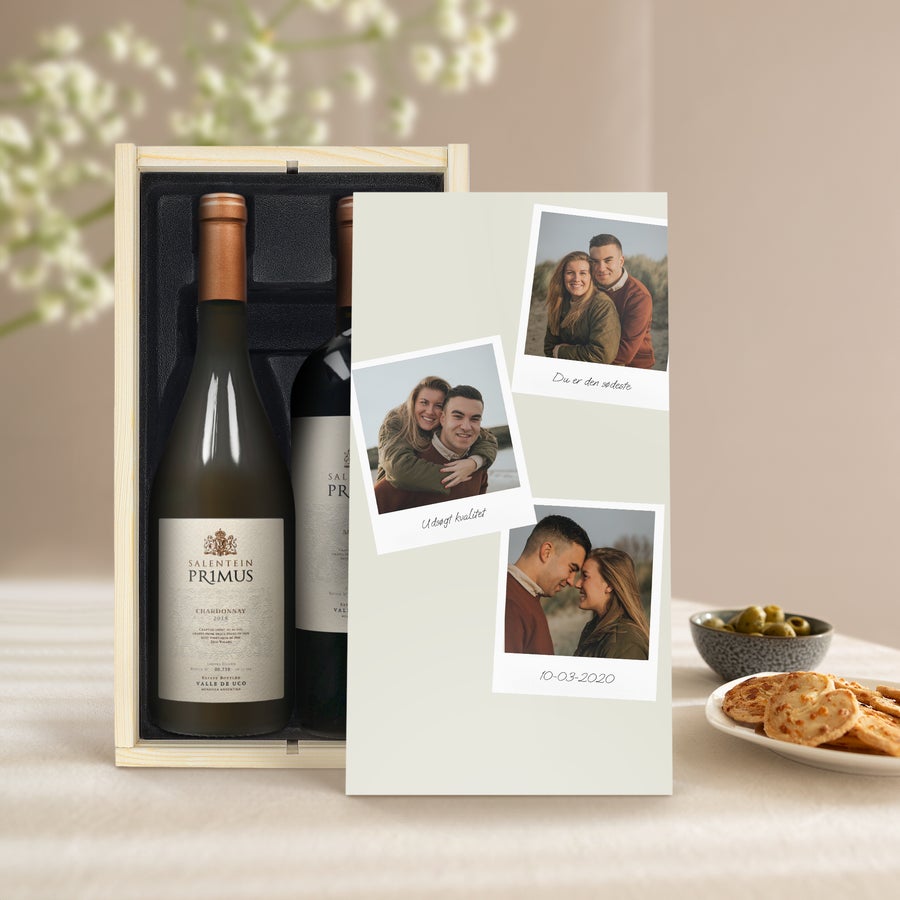 Personlig vinpakke i trykt kasse - Salentein Primus Malbec og Chardonnay Salentein Primus vinpakke i en luksustrykt vinboks med personlige fotos og teksten Du er den sødeste.